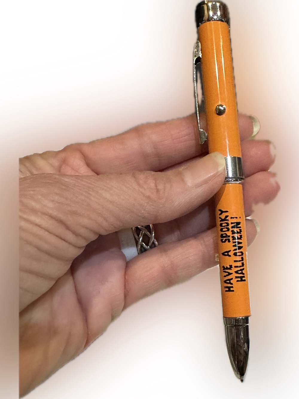 VTG RARE METAL HALLOWEEN LIGHT UP PEN W PUMPKIN JACK O LANTERN PROJECTION ORANGE